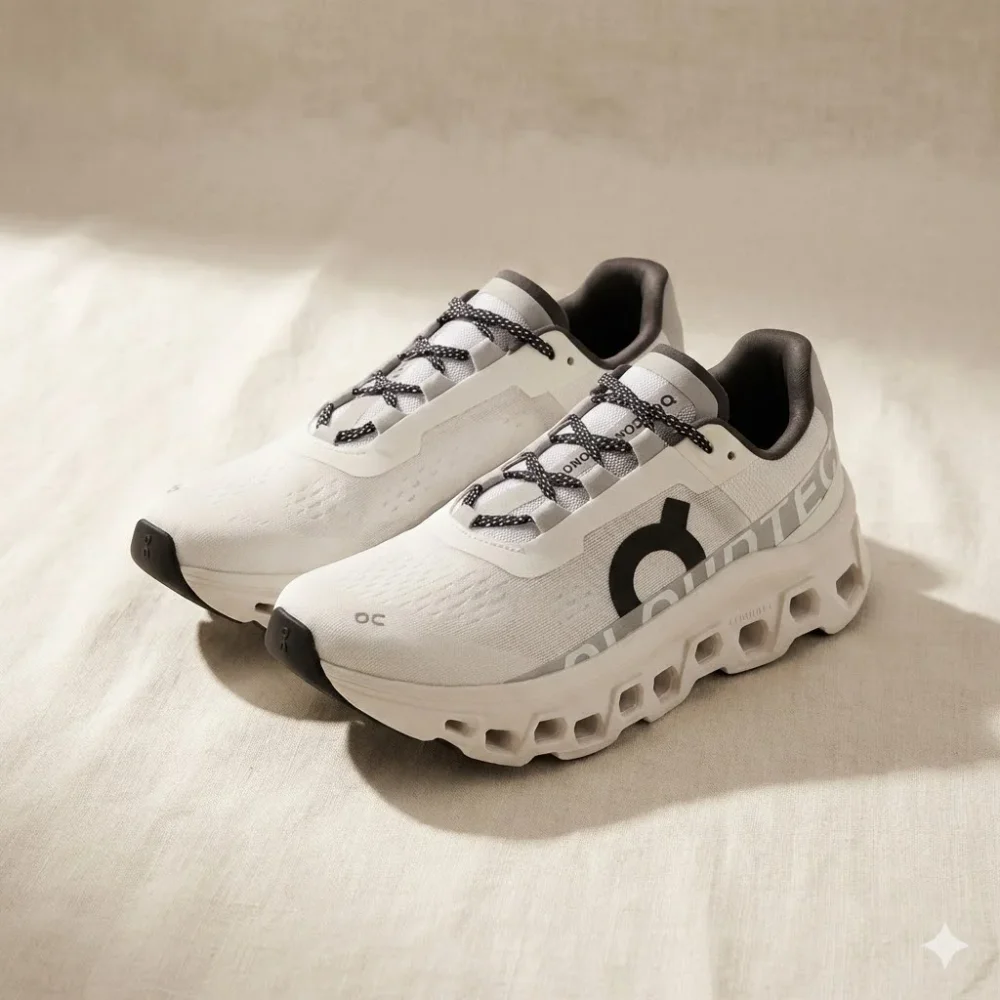 ON Cloudmonster 2 running shoe in black and white colorway